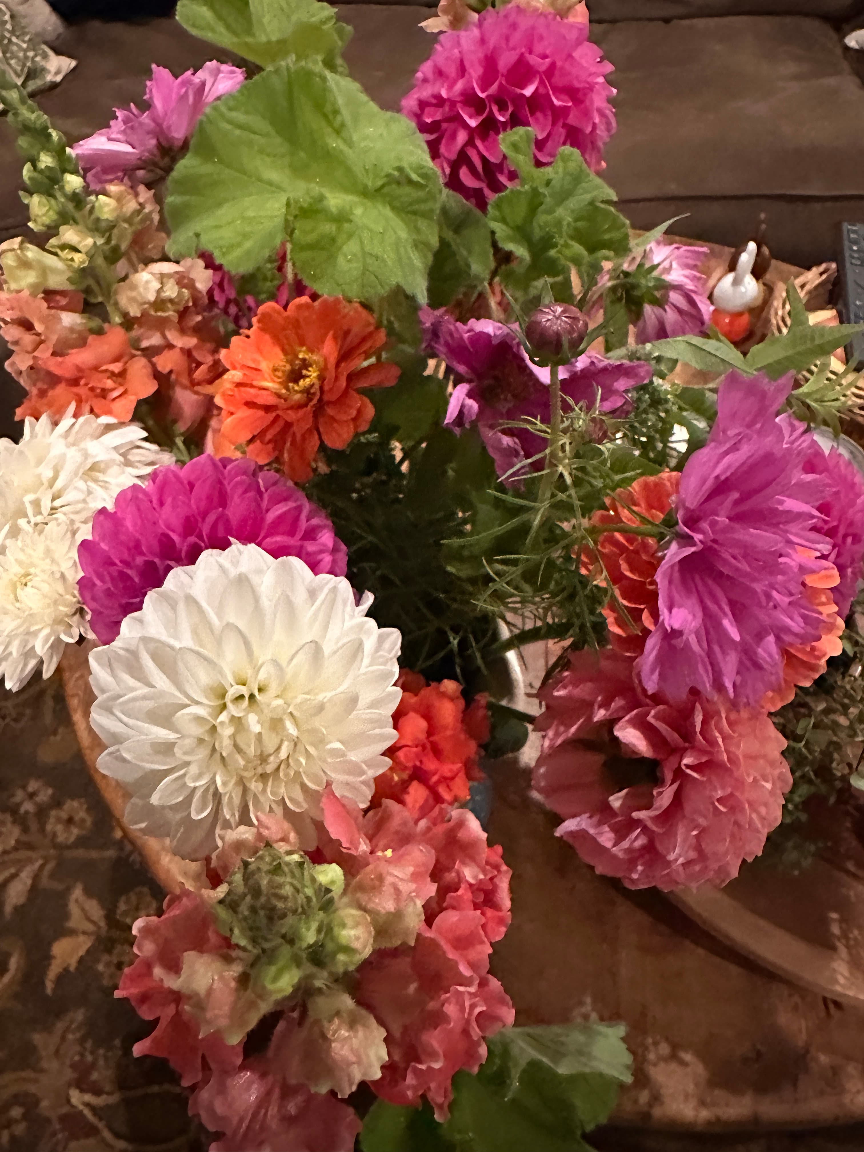 bouquet of flowers, mostly dahlia and zinnias, jewel tones
